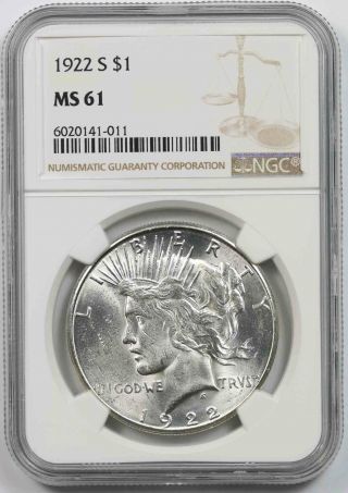 1922 - S Peace Dollar Silver $1 Ms 61 Ngc