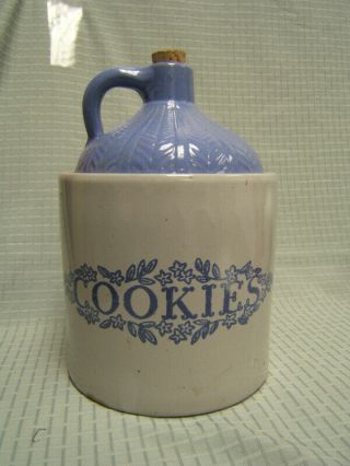 Monmouth Pottery Whiskey Jug Cookie Jar With Cork Blue Top