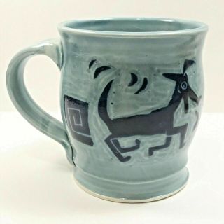 Tribal Dog Wolf Handmade Pottery Coffee Mug Blue Signed By Artist Neal
