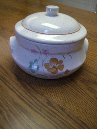 Treasure Craft Ivory Brown Speckled Ceramic Casserole Dish & Lid/poppies