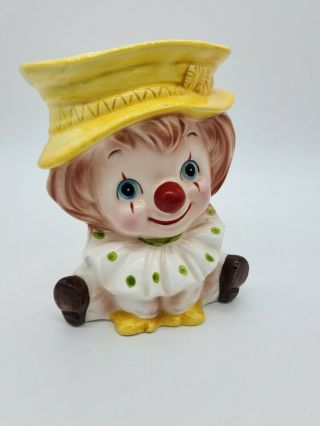 Vintage Relpo Young 6 " Clown Ceramic Head Vase Yellow Hat Blue Eyes 5428
