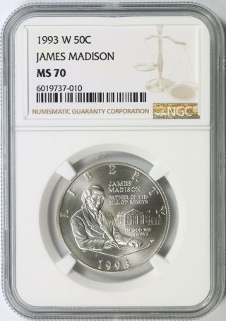 1993 - W 50c James Madison Commemorative Half Dollar Ngc Ms70