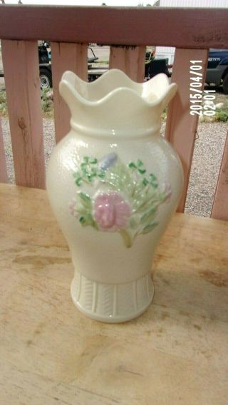Belleek Irish Porcelain Rose & Shamrock Vase 8 " Undamaged Brown Mark