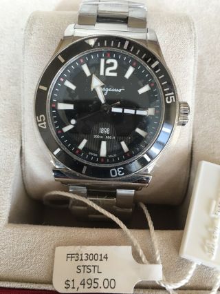 $1495 Salvatore Ferragamo Mens 1898 Black 43mm 200m Sport Diver Watch Ff3130014