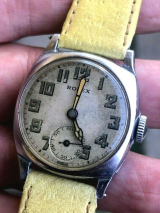 Early Rolex 1920s Wwi Military Trench Cushion Triple Signed Case Dial Runs