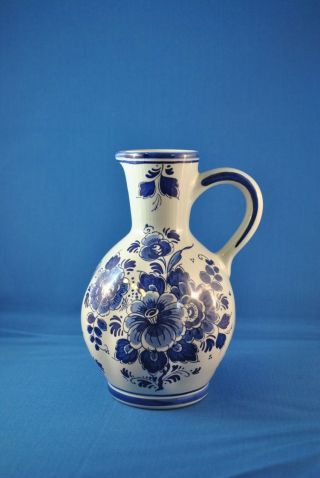 Vintage Hand Painted Delft Blue Porcelain Floral Water Jug With Handle
