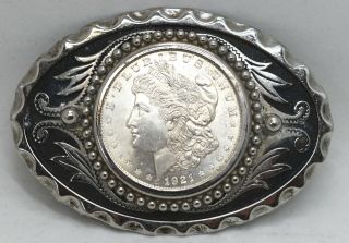 1921 Morgan Silver Dollar - Coin & Belt Buckle Western Cowboy America - Bh909