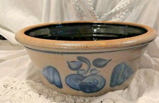 Rowe Pottery Stoneware Bowl Cambridge Gray Cobalt Apple Design Salt Glaze 1989