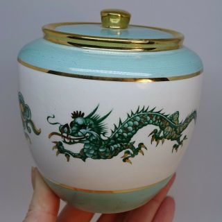 Vintage Crown Devon Green Dragon Jar Porcelain Pottery Staffordshire Asian Mini