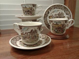 Set Of 4 Vintage Johnson Brothers Cups & Saucers Neighbors Barn Raising England