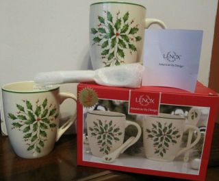 Nib Lenox Holiday Cocoa Mug W Spoon Set Of 2 Christmas Holly 857493