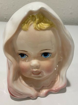 Vintage Enesco Glossy Pink Baby Girl Head Vase/planter Marked E - 4091