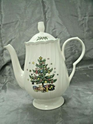 Nikko Happy Holidays 9 1/4 " 8 Cup Coffee Pot Swirl Rim Japan Christmas Tree Ec