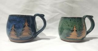 Studio Pottery Mugs Hand Crafted Thrown Stoneware Cup Signed Pair Rustic Vintage
