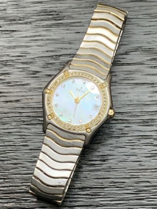 Ebel Ladies Wave Mop Dial 18k Gold And Stainless Steel Watch With Diamond Bezel