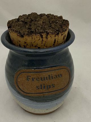 Freudian Slips Ceramic Jar With Cork Lid Blue Ivory Vintage Therapist Gift