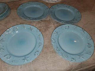 Thomson Pottery - Cape Cod Aqua Blue Embossed Shells 10 1/2 " Luncheo Plates 4