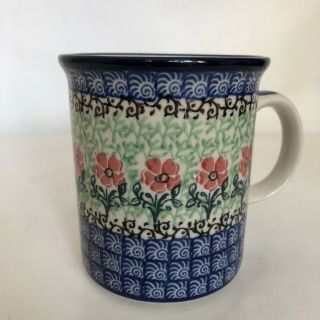 Boleslawiec Polish Pottery Coffee Cup/mug Handmade Red Flower Maraschino 3.  75 "