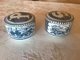 Vintage Currier & Ives Blue Salt And Pepper Shaker Set By Royal China Usa