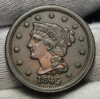 1845 Large Cent Penny,  Braided Hair Penny - Coin (5336)