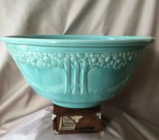 Vtg Arts Crafts Design Mixing Bowl By Homer Laughlin Turquoise Garden Apple Tree