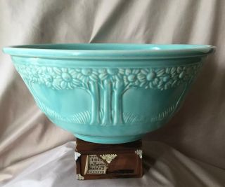 VTG ARTS CRAFTS DESIGN MIXING BOWL BY HOMER LAUGHLIN TURQUOISE GARDEN APPLE TREE 2