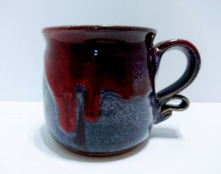 Drip Glaze Studio Art Pottery Coffee Cup Mug Purple Red Unusual Handle Signed