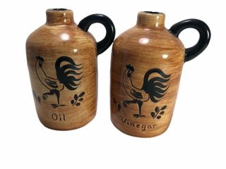 Vintage Pennsbury Pottery Black Rooster Oil & Vinegar Handled Jugs Farmhouse