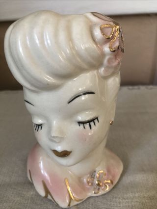Vintage Glamour Girl Lady Head Vase Planter Hand Painted Gold Trim Pink 5”