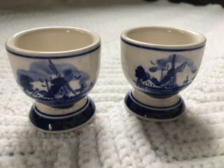 Set Of Two Delft Blue Hand Painted Windmill China Blue Egg Cups Antique Vintage