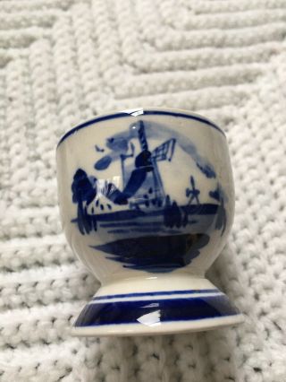 Set Of Two Delft Blue Hand Painted Windmill China Blue Egg Cups Antique Vintage 2