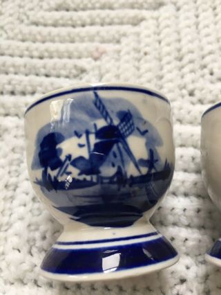 Set Of Two Delft Blue Hand Painted Windmill China Blue Egg Cups Antique Vintage 3