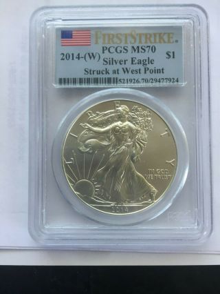 2014 W Silver American Eagle Dollar Ms70 Pcgs Fs Flag Coin West Point