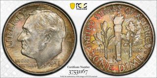 1958 - D Roosevelt Dime 10c Pcgs Ms66 Fb Full Bands - - Great Rainbow Toning