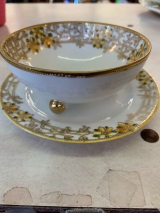 Nippon Hand Painted Gold Trim Bowl And Saucer With Yellow Flowers