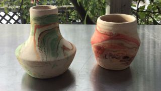 Vintage Nemadji Pottery Vase With Colored Clay Swirls Green/orange 2.  5 " - 2 "