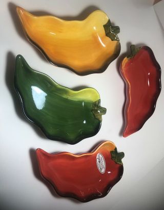 Clay Art La Mesa 2002 Chili Pepper Shaped Salsa/dip/appetizer 9 " Bowls Set Of 4