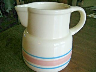 Vintage Mc Coy Pink And Blue Stripe Pottery 32 1/2 Oz.  Pitcher