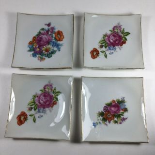 Square Floral Butter Pat Tea Bag Caddy Dishes Plates 3.  5” Set Of 4