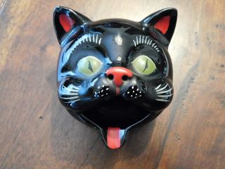 Vintage 1950s Napco Pottery Black Cat Head Ashtray Halloween Made In Japan