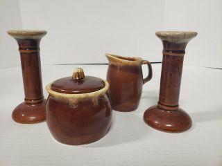 Vintage Hull Brown Drip China Pottery 2 Candlesticks & Cream And Sugar Usa Decor