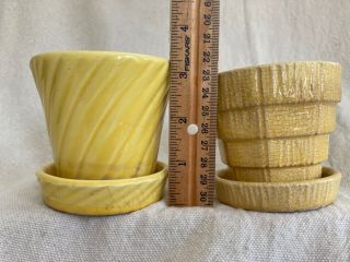 2 Vtg Yellow Planters.  1 Mccoy Basketweave Flower Pot With Attached Saucer& 1usa