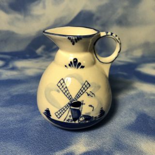 Vintage Eh Delft Blue Hand Painted Bud Vase Pitcher Windmill Floral Holland