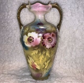 Prov Saxe Es Germany Vase Two Handled Art Nouveau Small Floral With Gold Handles