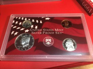 1999 Silver Proof Set With Silver Quarters 9 Piece Box And
