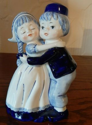 Vintage Hand Painted Delft Boy And Girl Hugging Figurine In
