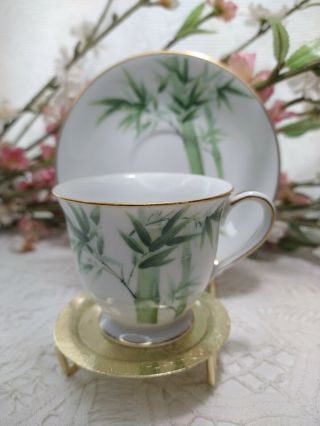 Vintage Noritake Nippon Toki Kaisha Tea Cup And Saucer Set - Green Bamboo - Japan.