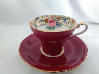 Aynsley Burgundy Red And Rose Floral With Gold Corset Shape Teacup And Saucer