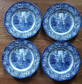 Staffordshire Liberty Blue " Independence Hall " Set Of 4 Dinner Plates 10 "