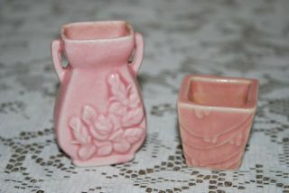 2 Vintage Pink Miniature Vases Pottery Mccoy,  Shawnee? Unmarked Floral,  Art Deco